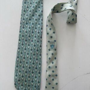 Versace Men's Teal and Navy Patterned Tie